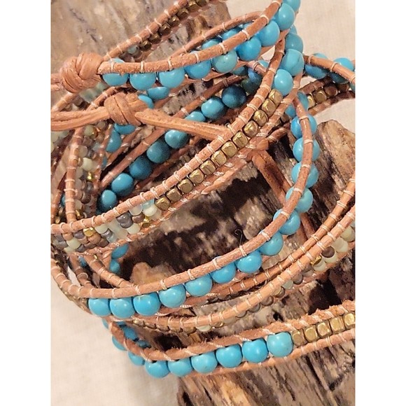 NAKAMOL Beaded Leather Wrap Bracelet Necklace Turquoise Earth Gold tones to 36" - Picture 5 of 8